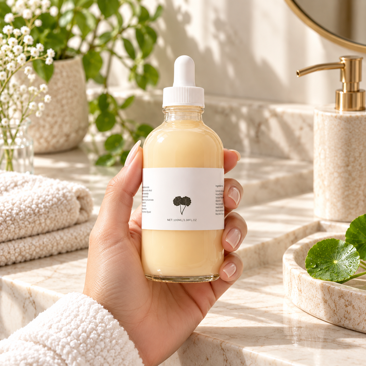 Serumflasche in der Hand im Badezimmer