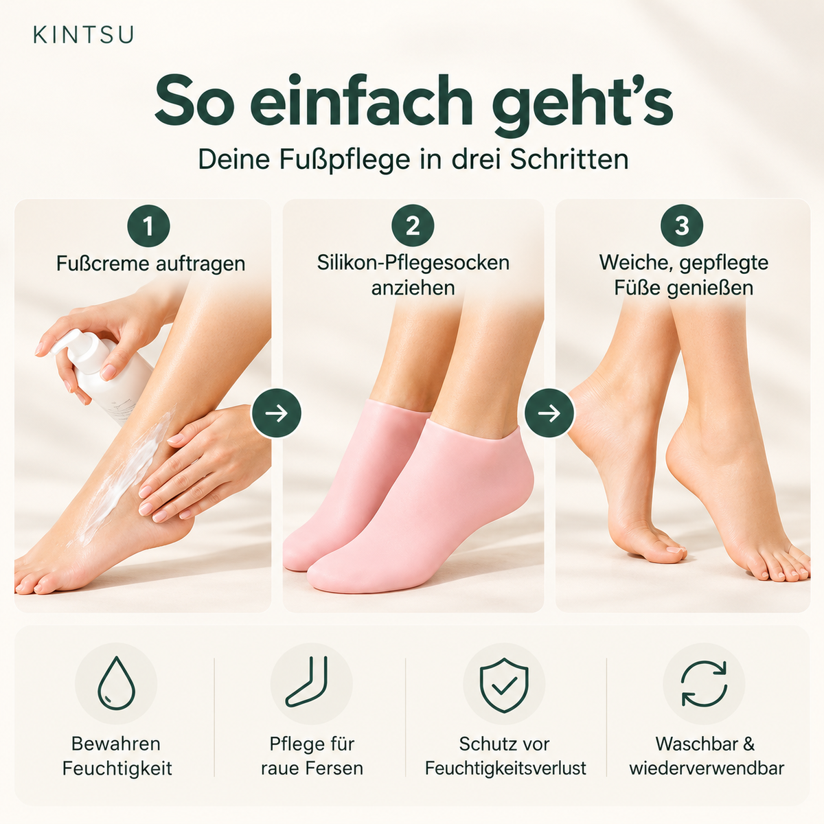Fußpflege mit Creme und Silikon-Pflegesocken in drei Schritten