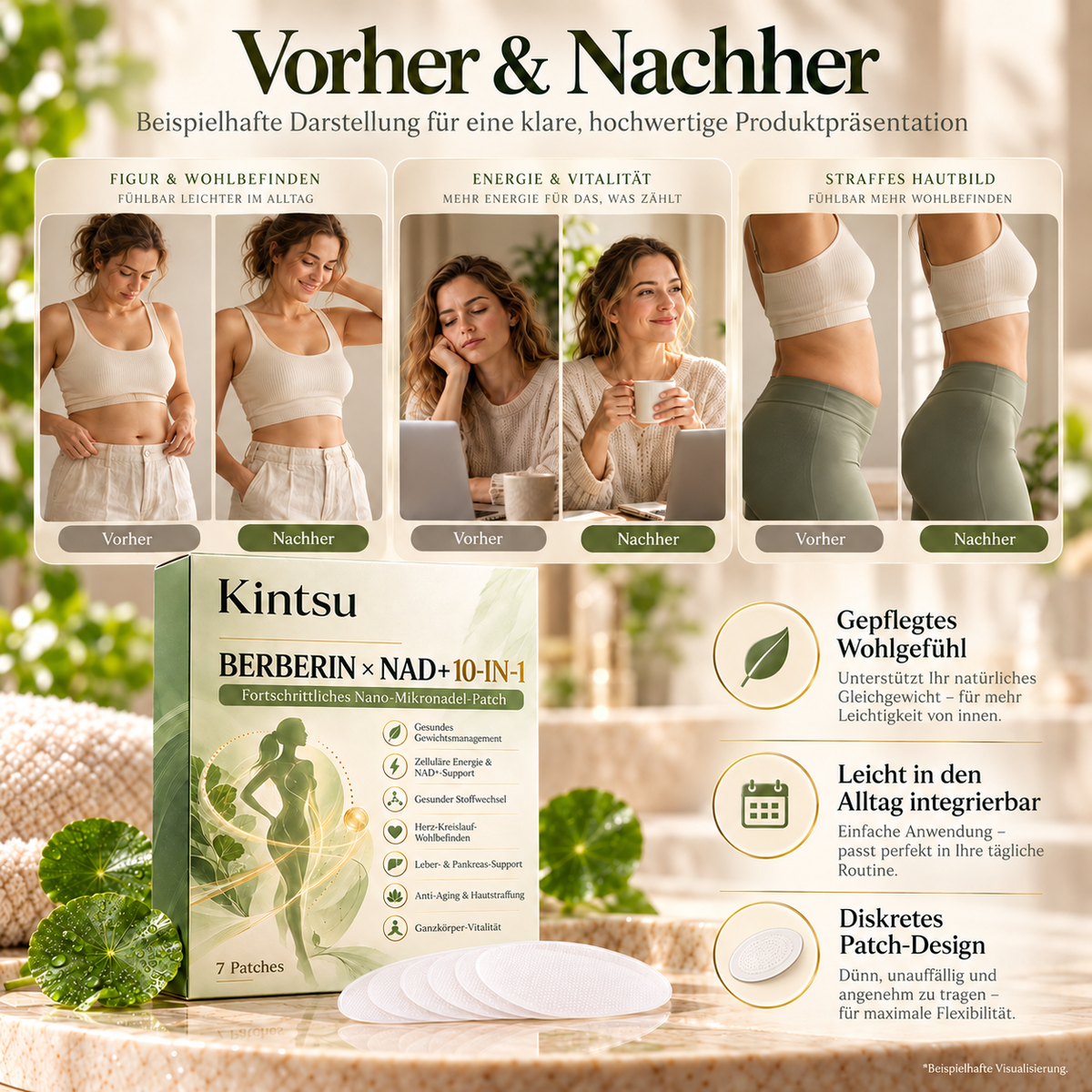 Kintsu 10-in-1 Mikro-Patch – beispielhafte Visualisierung einer Body-Care-Routine