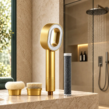 Filter-Duschkopf Gold mit Filter und Wechselaufsätzen