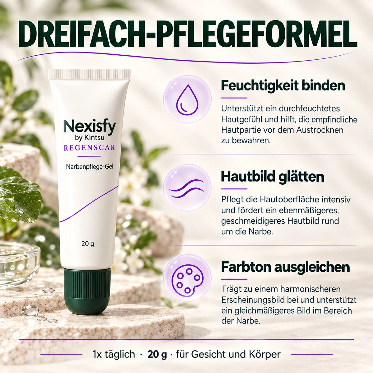 Dreifach-Pflegeformel: Feuchtigkeit binden, Hautbild glätten, Farbton ausgleichen