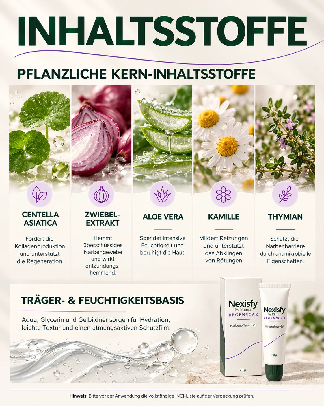 Pflanzliche Kern-Inhaltsstoffe: Centella Asiatica, Zwiebelextrakt, Aloe Vera, Kamille, Thymian