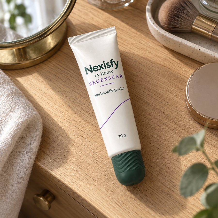 KI-generierte Produktaufnahme: Nexisfy REGENSCAR by Kintsu auf einem Schminktisch