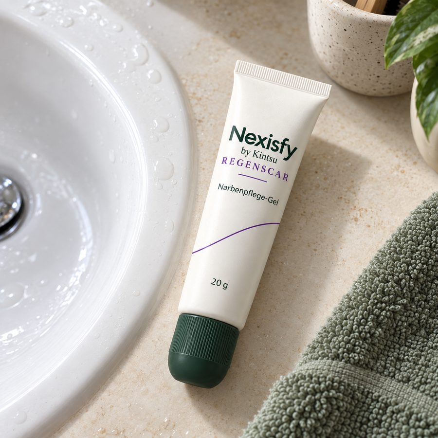 KI-generierte Produktaufnahme: Nexisfy REGENSCAR by Kintsu neben dem Waschbecken