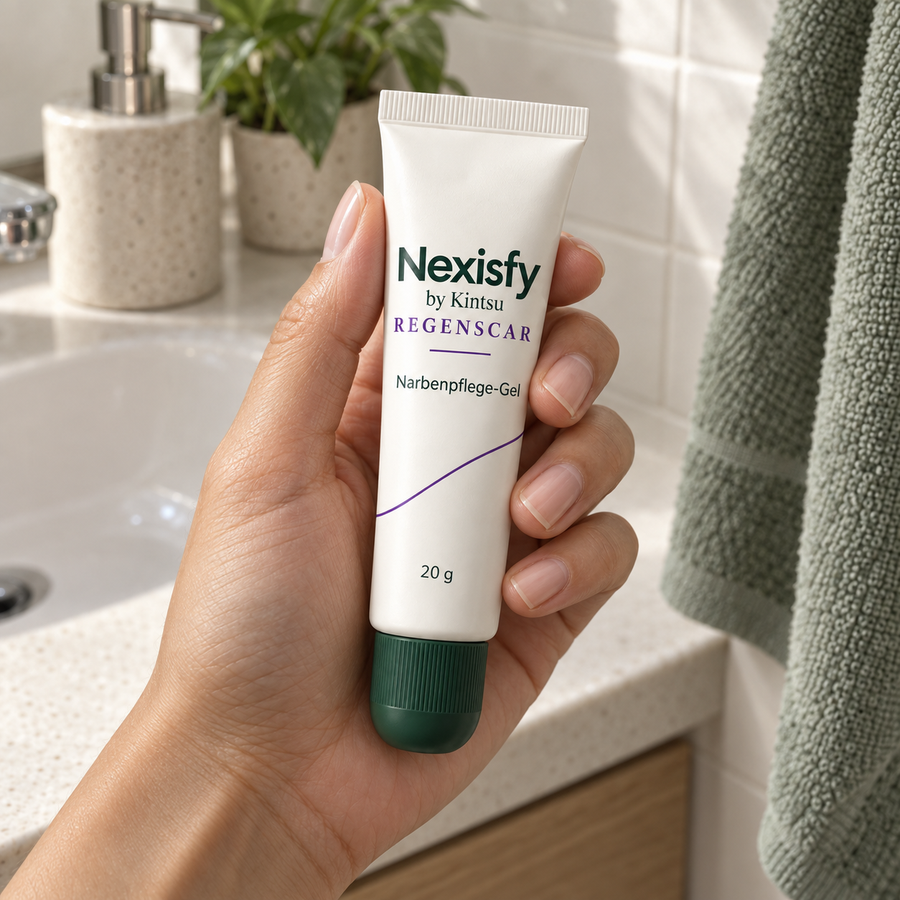 KI-generierte Produktaufnahme: Nexisfy REGENSCAR by Kintsu in einer Hand