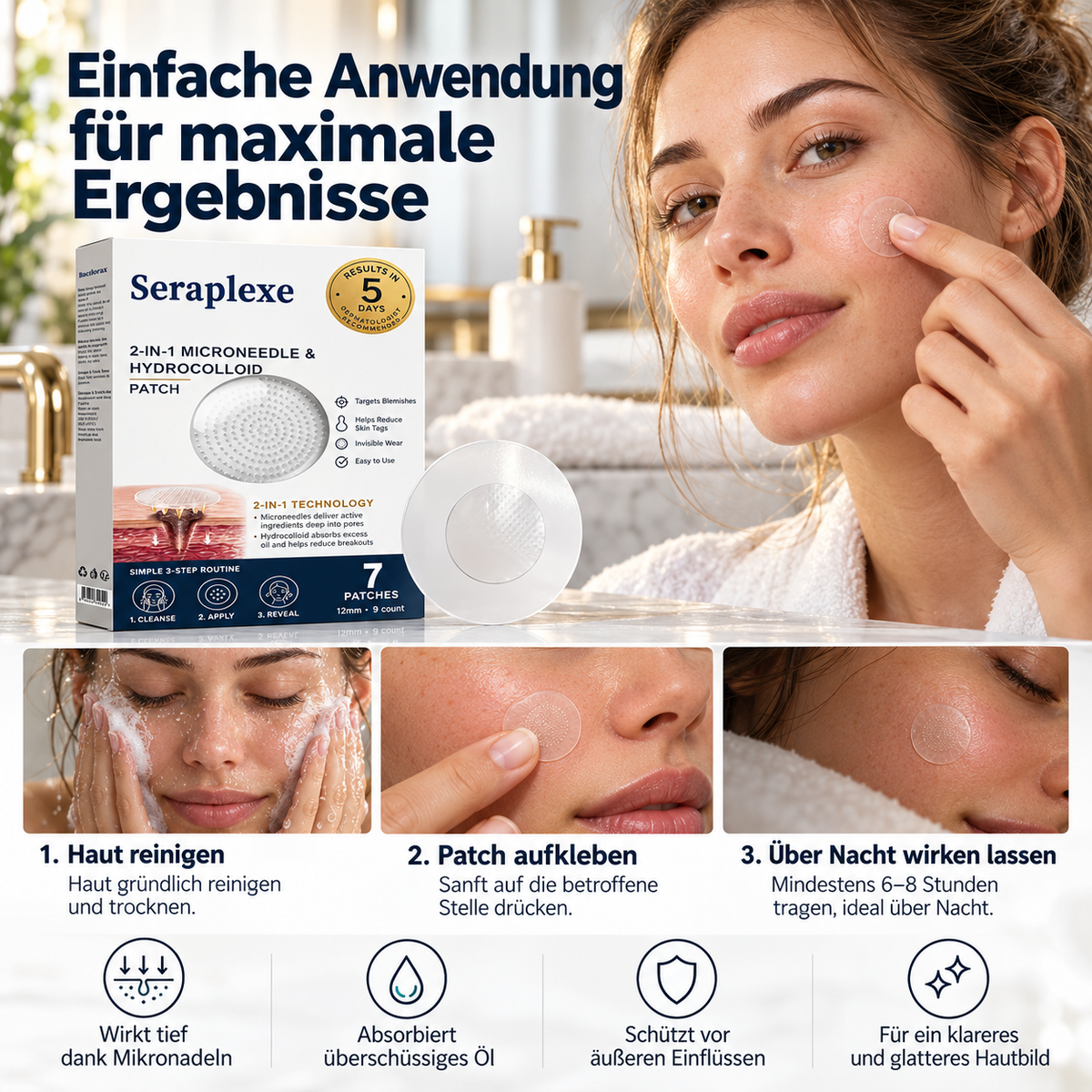 Anwendung der 2-in-1 Mikronadel- und Hydrokolloid-Patches in drei Schritten