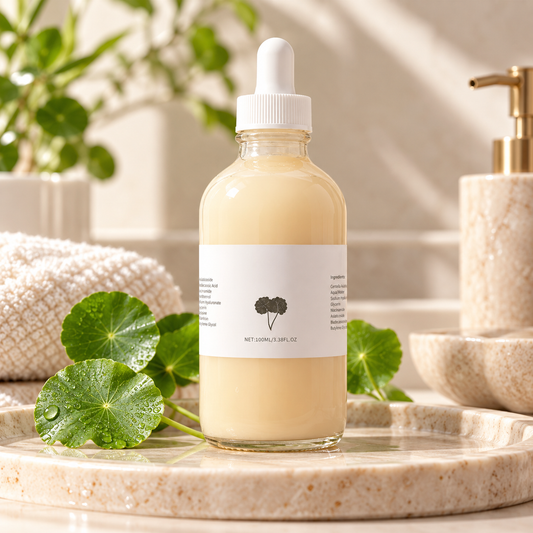 Centella-Serum auf einem Badezimmer-Tablett mit grünen Blättern