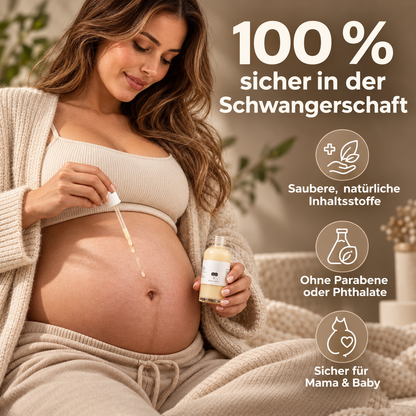 Anwendung des Serums am Bauch und Produktinformationen