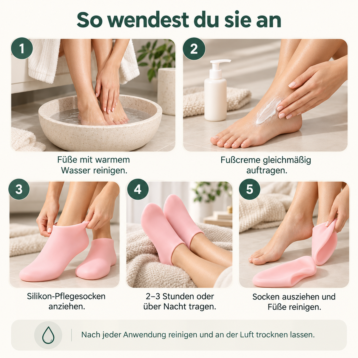 Anwendung der Silikon-Pflegesocken in fünf Schritten
