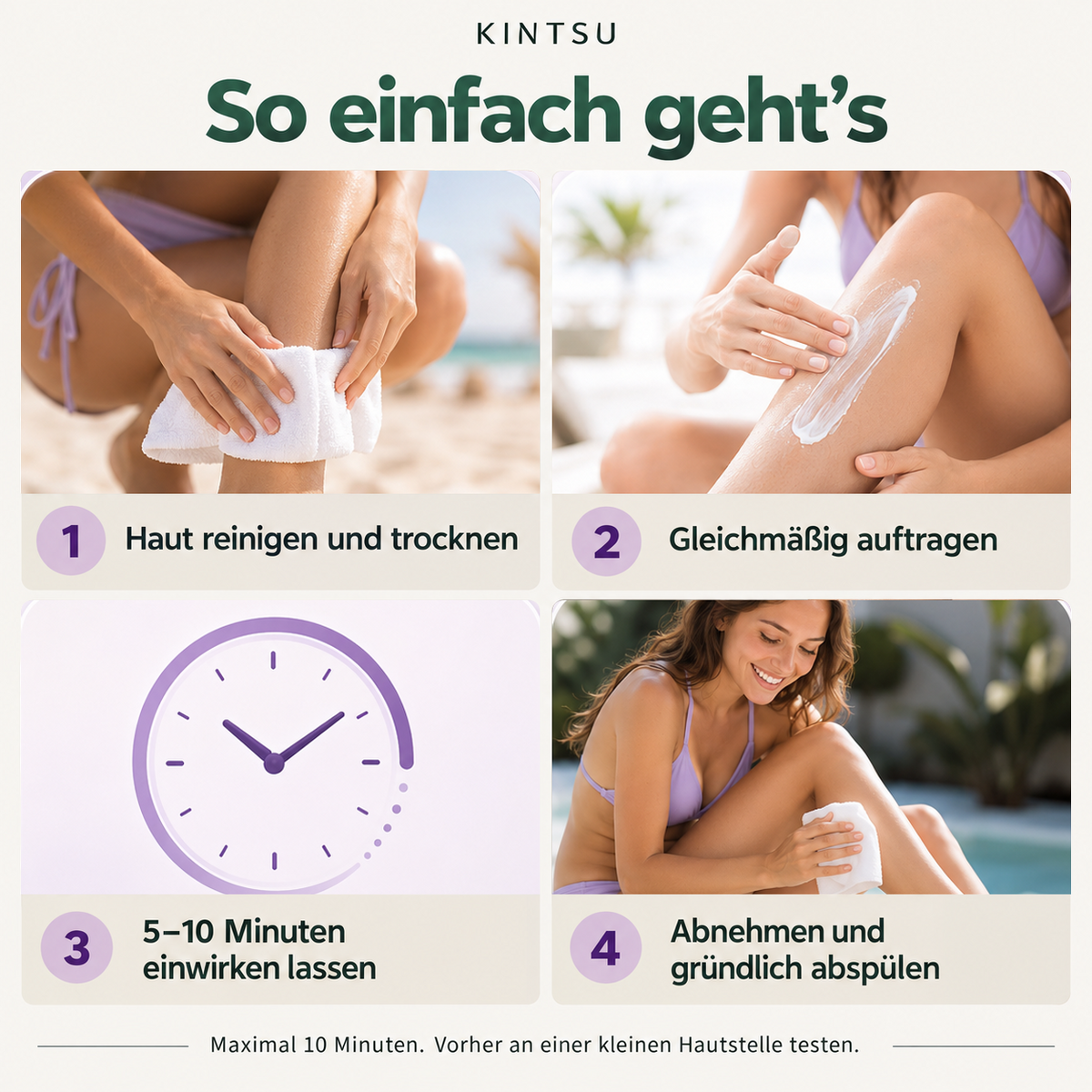 Haarentfernungs-Spray: deutsche Anleitung in vier Schritten mit den ursprünglichen Anwendungsbildern