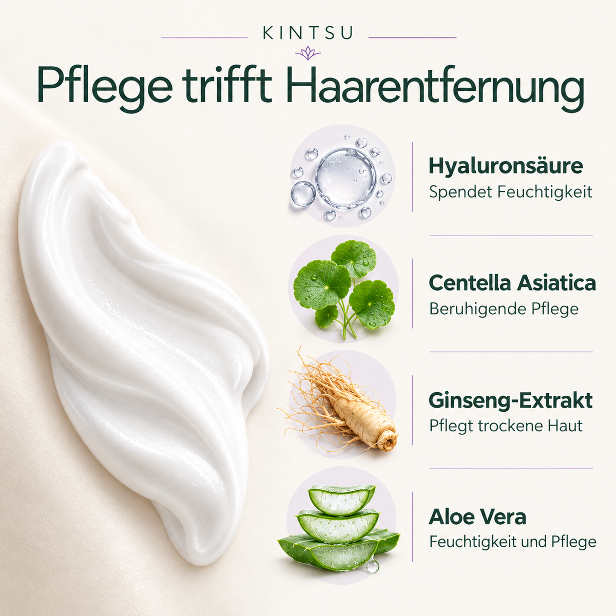 Pflege-Inhaltsstoffe: Hyaluronsäure, Centella Asiatica, Ginseng-Extrakt und Aloe Vera