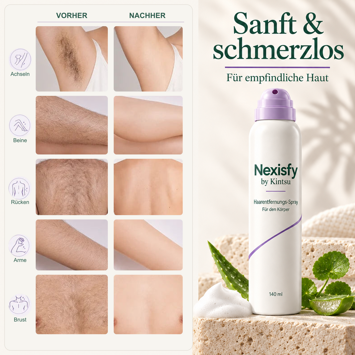 Vorher und nachher – Haarentfernungs-Spray mit deutscher Beschriftung im ursprünglichen Layout