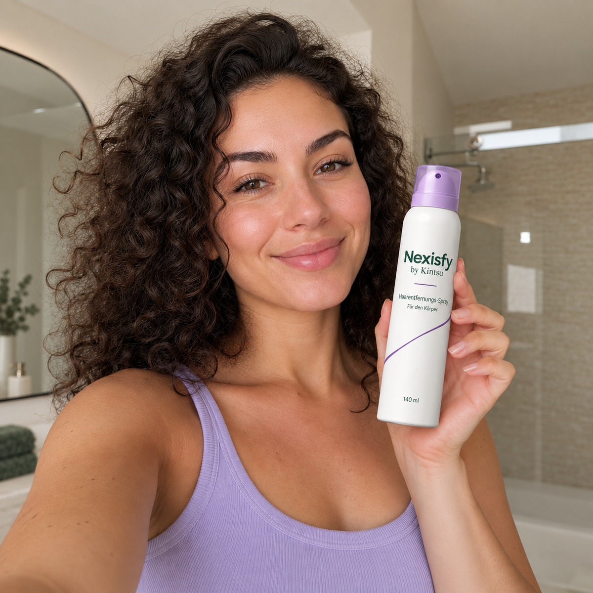 Nexisfy by Kintsu Haarentfernungs-Spray in der Hand im Badezimmer