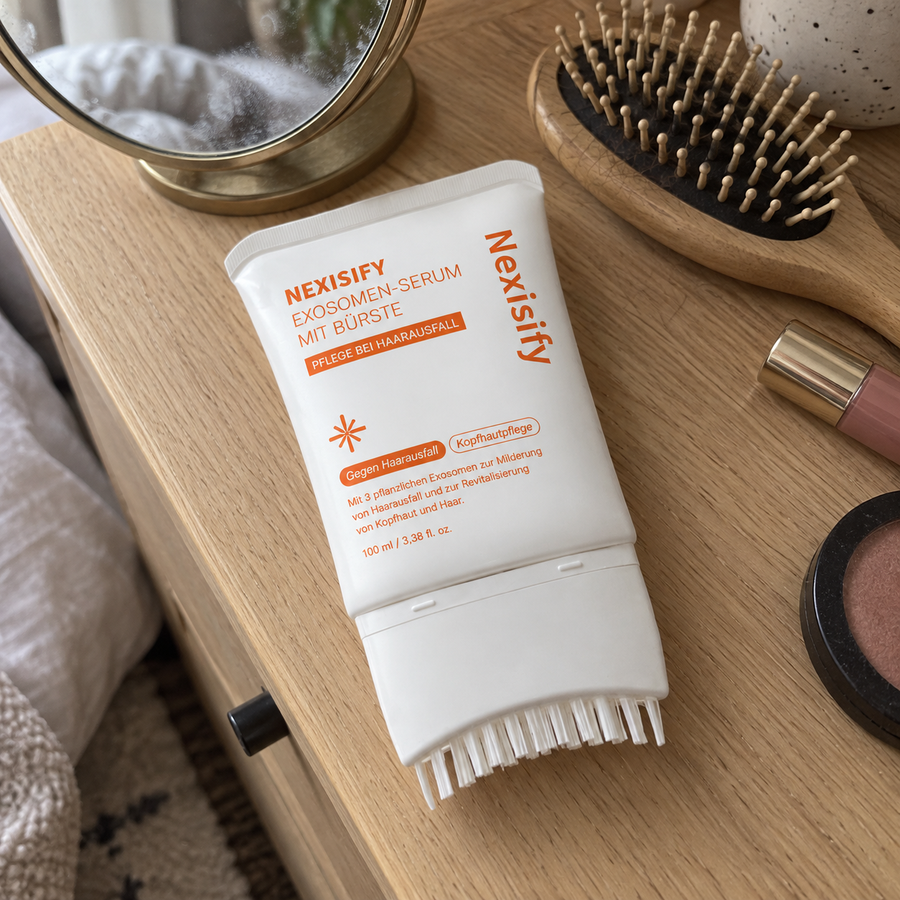 KI-generierte Produktillustration: Kopfhaut-Serum auf einem Schminktisch