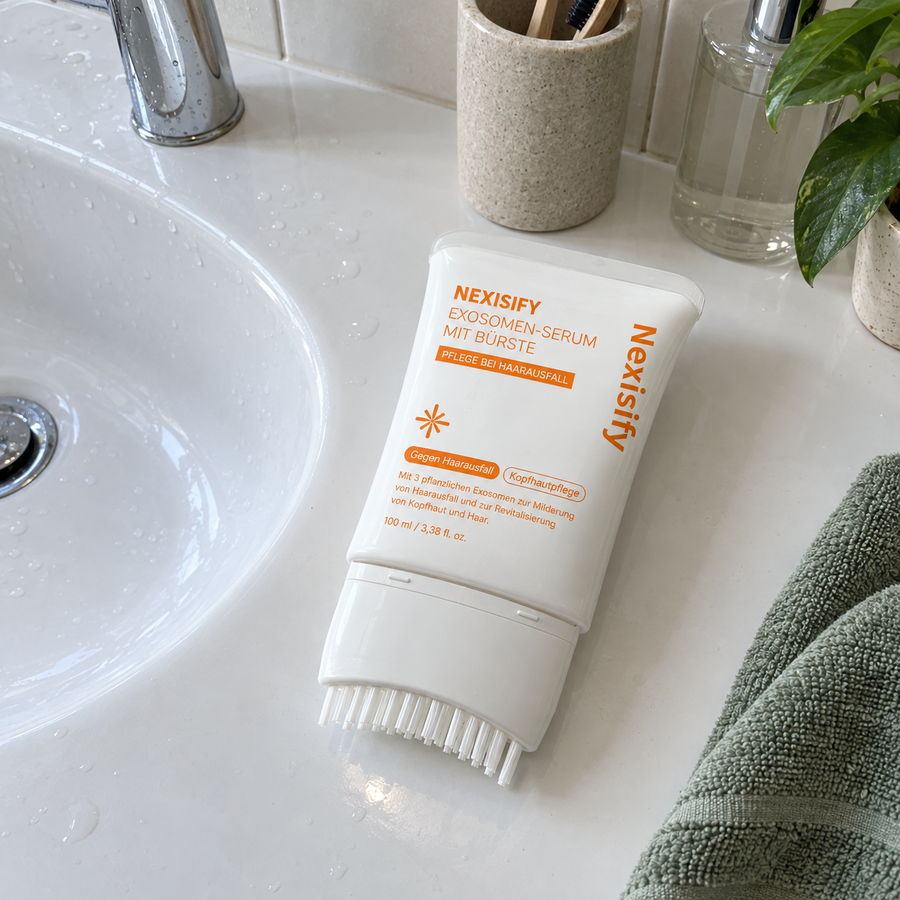 KI-generierte Produktillustration: Kopfhaut-Serum neben einem Waschbecken