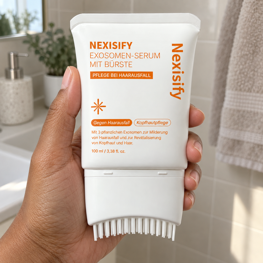 KI-generierte Produktillustration: Kopfhaut-Serum in einer Hand im Badezimmer