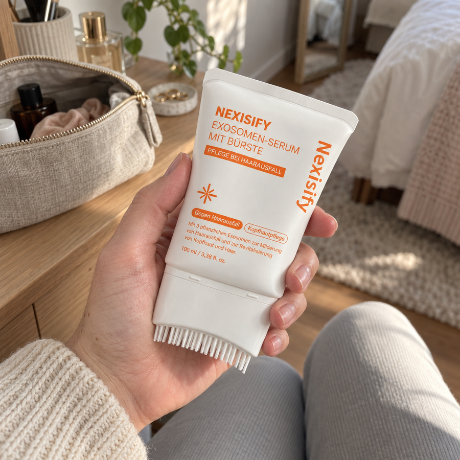 KI-generierte Produktillustration: Kopfhaut-Serum in einer Hand bei warmem Tageslicht