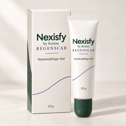 Nexisfy Regenscar by Kintsu – Narbenpflege-Gel, Tube und Verpackung mit violetten Akzenten, 20 g